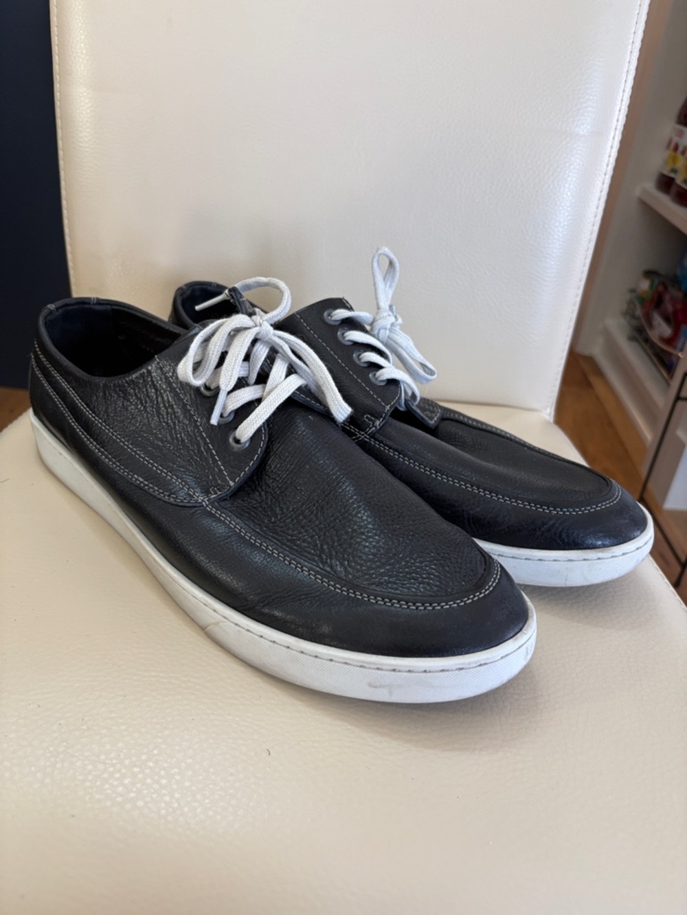 Men's Black Leather Slip-On Sneakers with White Laces